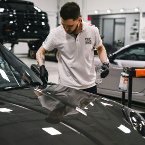 A dedicated employee expertly detailing a car hood in a clean, modern garage setting.